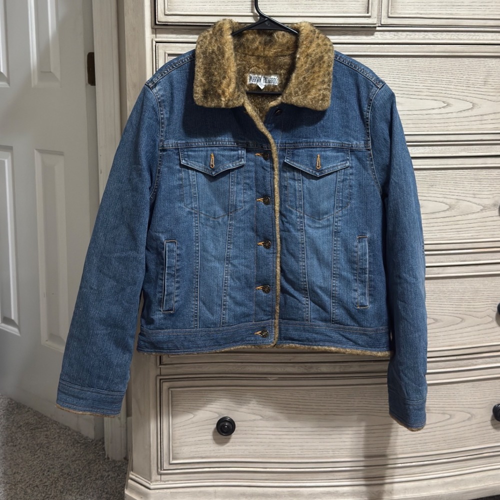 Marvin Richards Denim Jacket Leopard Faux Fur Collar Trucker Coat Blue Large